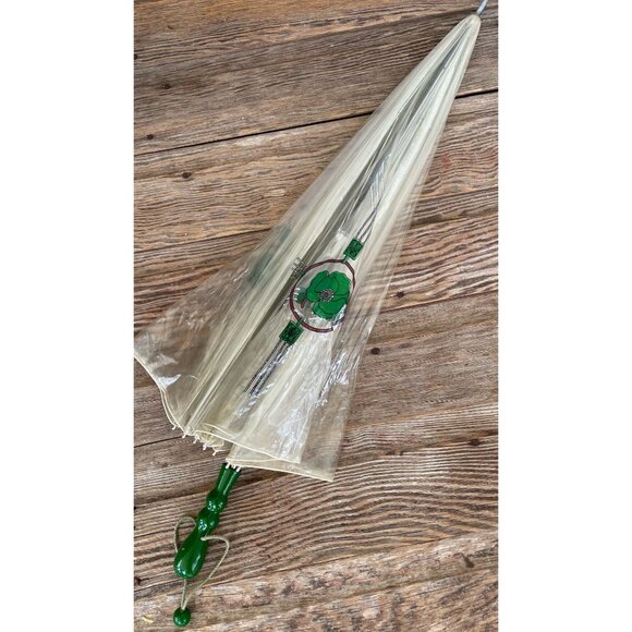 Vintage 1960s Clear Vinyl Bubble Umbrella Green Flowers & Handle - Picture 5 of 16